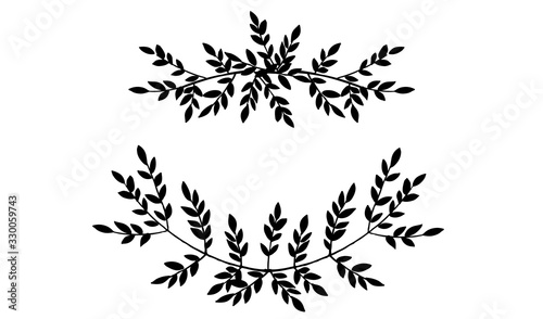 Black silhouette frame top and bottom hand drawn tree branches with leaves and berries botanical flowers floral hand drawn scandinavian style art design element flat vector illustration