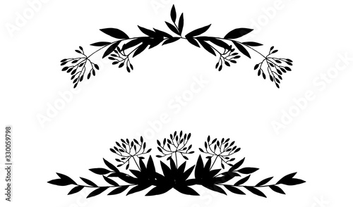 Black silhouette frame top and bottom hand drawn tree branches with leaves and berries botanical flowers floral hand drawn scandinavian style art design element flat vector illustration