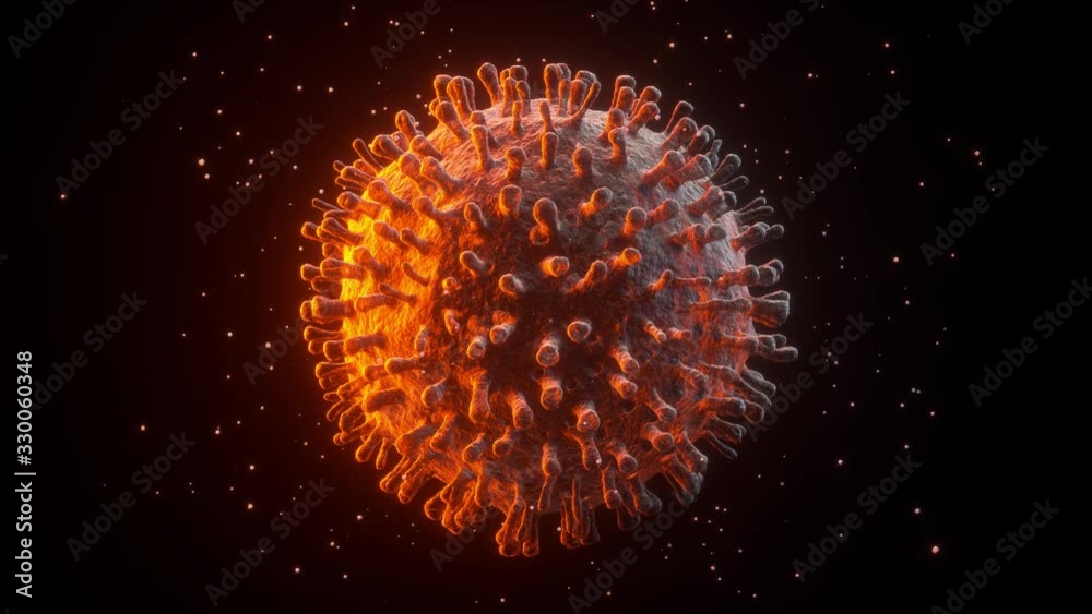 3d render closeup of red orange colored corona virus with particles flowing chaotically around it on black background. 4k seamless loop animation. 