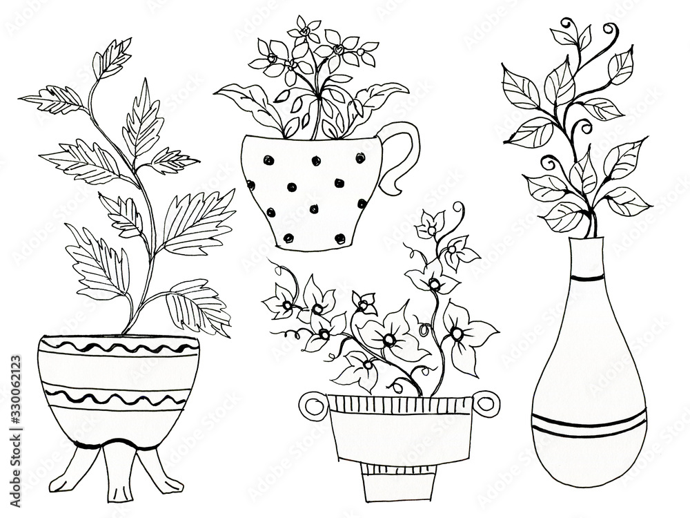 Simple Flower Pot Drawing, Black Outline, Blue Pot, Two Green Leaves Vector  Element Royalty Free SVG, Cliparts, Vectors, and Stock Illustration. Image  185448483.