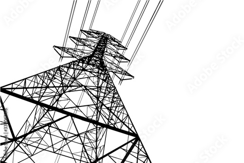 High voltage tower with wires. Black and white illustration with copy space. Minimalism. Vector illustration