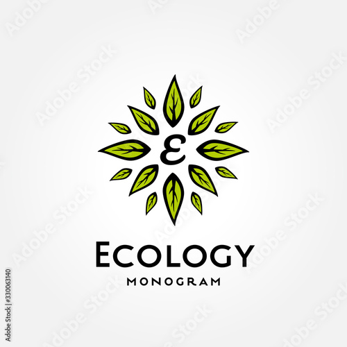 Green leaves frame monogram logo template