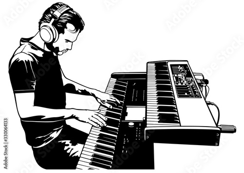 Musician playing on the keyboard synthesizer piano keys - Black and White Drawing Sketch Illustration, Vector Graphic