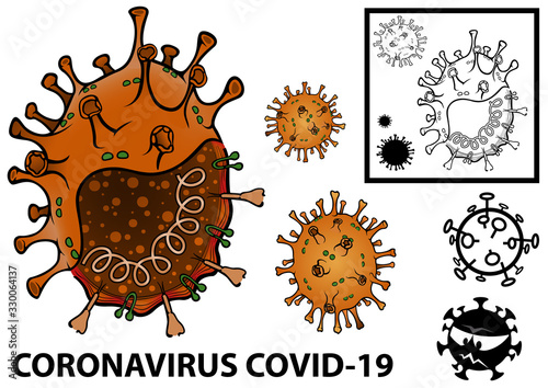 Graphic Illustration of Coronavirus and Schematic Representation and Black and White Drawing and Pictogram and Cartoon - Set of Illustrations for Graphic Use, Vector