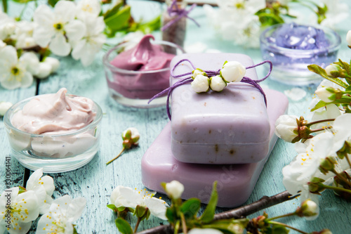 cosmetics  soaps and cherry flowers