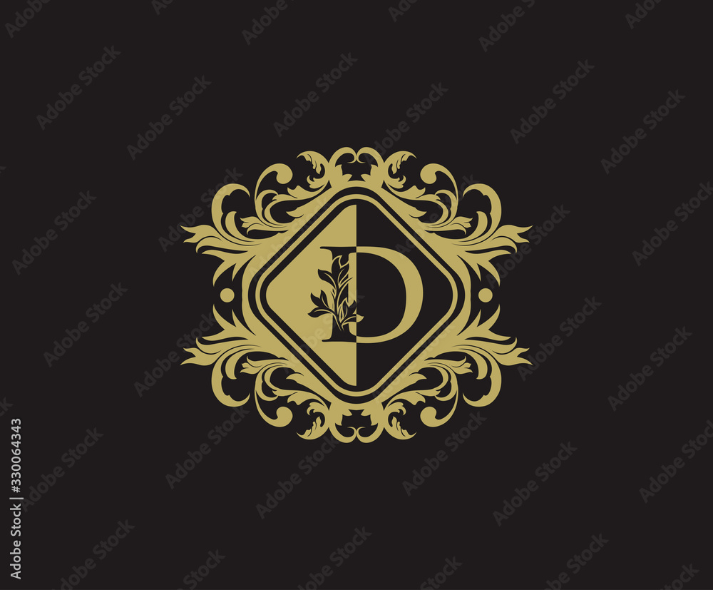 Classic logo design with initial D. Elegant flourishes D Letter. Border carved frame logo template. Vintage vector element.
