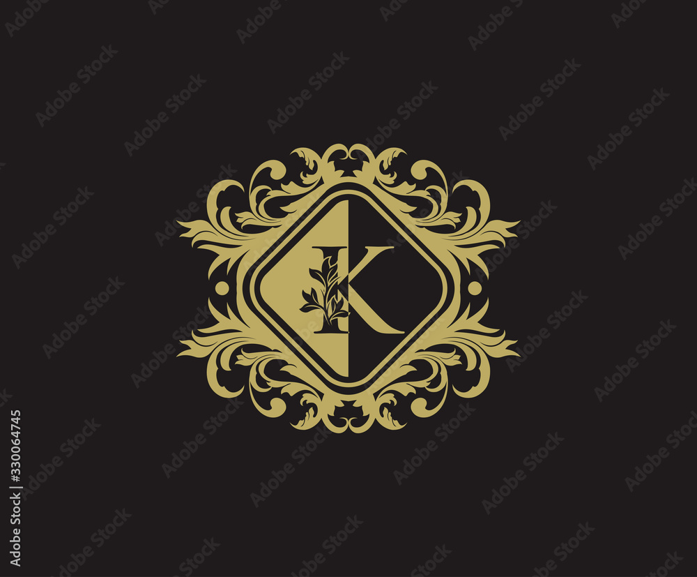 Classic logo design with initial K. Elegant flourishes K Letter. Border carved frame logo template. Vintage vector element.