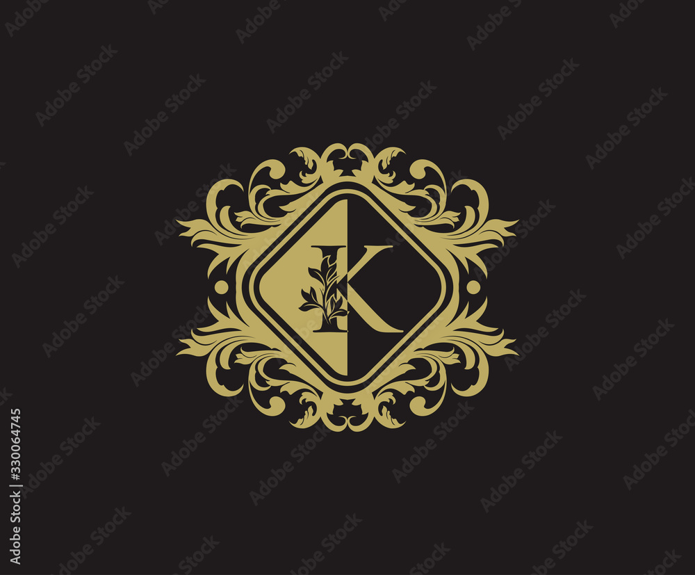 Classic logo design with initial K. Elegant flourishes K Letter. Border carved frame logo template. Vintage vector element. Classic logo design with initial K. Elegant flourishes K Letter. Border carved frame logo template. Vintage vector element.