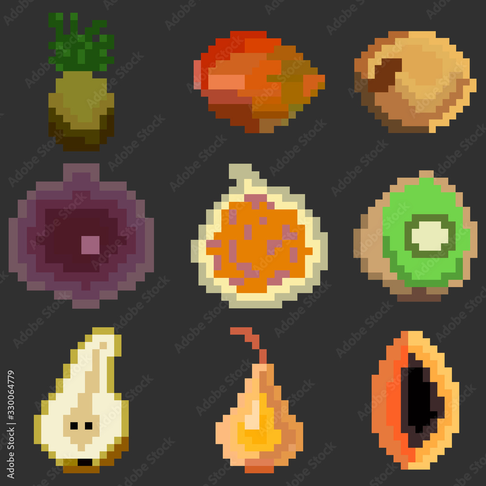 A set of nine elements of healthy food in the style of a small number of pixels, various fruits pineapple, figs, kiwi, pear and more. A set of illustrations for games and other various purposes.