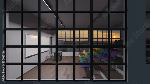 Side View of a Lecture Hall with Colorful Seats Through the Window at Sunrise 3D Rendering