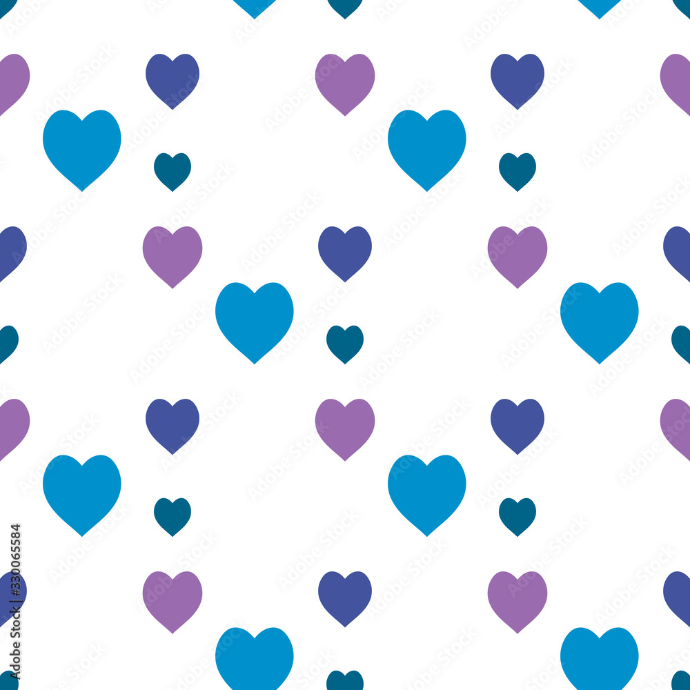 Seamless pattern with great blue and violet hearts on white background for plaid, fabric, textile, clothes, tablecloth and other things. Vector image.