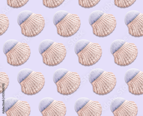 Seamless pattern of shell shaped brush isolated on soft powder blue. Trendy beauty pattern for your design