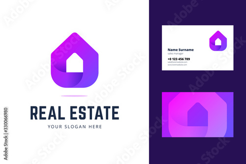 Logo and business card template for real estate, house rental services. Simple geometric house symbol in modern gradient line style. Vector illustration.