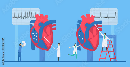 Cardiology vector illustration. This heart disease problem is tachycardia arrhythmia. Comparison of unusual and normal signals from left to right respectively. Tiny flat design.