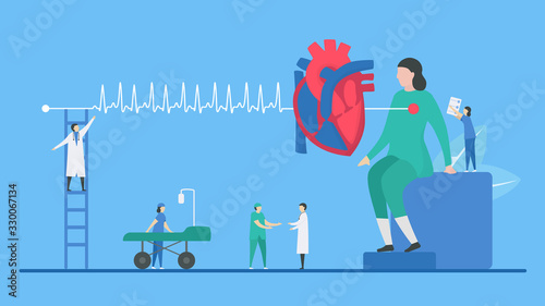 Cardiology vector illustration. Heart disease problem called tachycardia arrhythmia. Periodic signal is fast impulse response. Flat tiny style.