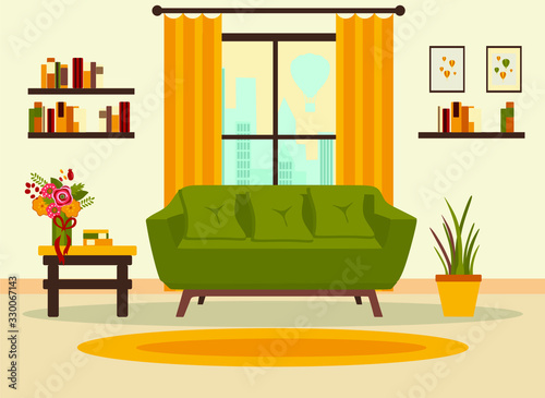 living room interior with furniture, table, window, shelves with books and home flowers, floor lamp. flat cartoon vector illustration