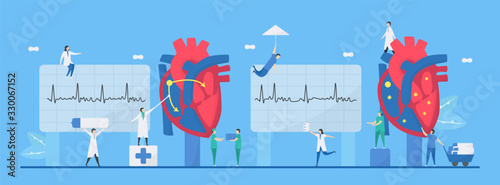 Cardiology vector illustration. This heart disease problem is arrhythmia. Comparison of normal and unusual signals from left to right respectively. Tiny flat design.
