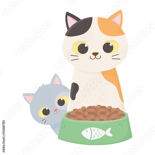 cats make me happy, cute cats with bowl food cartoon