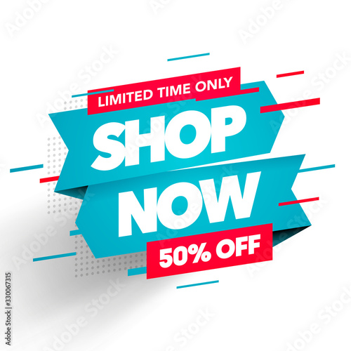 Vector Illustration Shop Now Label. Modern Offer Banner With Glitch Effect