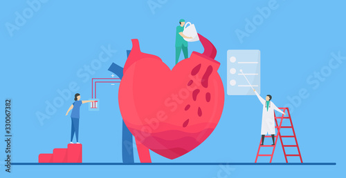 Cardiology vector illustration. On blue background, heart disease problem called tachycardia arrhythmia. Periodic signal is fast impulse response because of coffee
