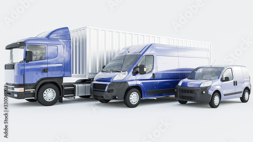 Fotografi Semi Container Truck Lined Up with Blue Delivery Vans on White Background 3D Ren