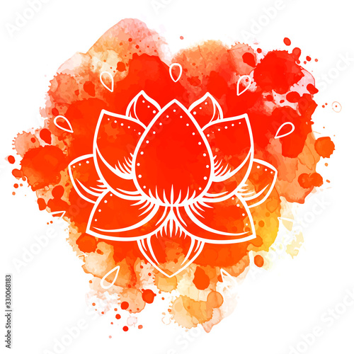 Lotus inspired ornate composition over colorful watercolor background. Hand d...