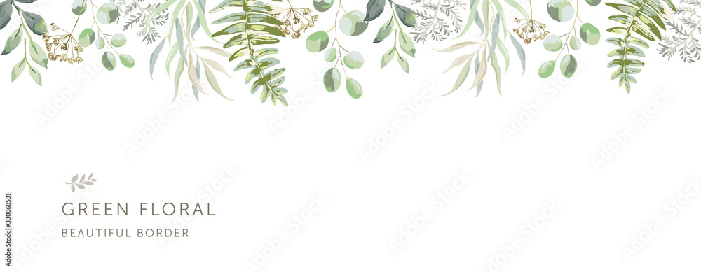 Delicate border of the forest green leaves, white background. Wedding invitation banner frame. Greenery, fern. Vector illustration. Floral arrangement. Design template greeting card - obrazy, fototapety, plakaty 