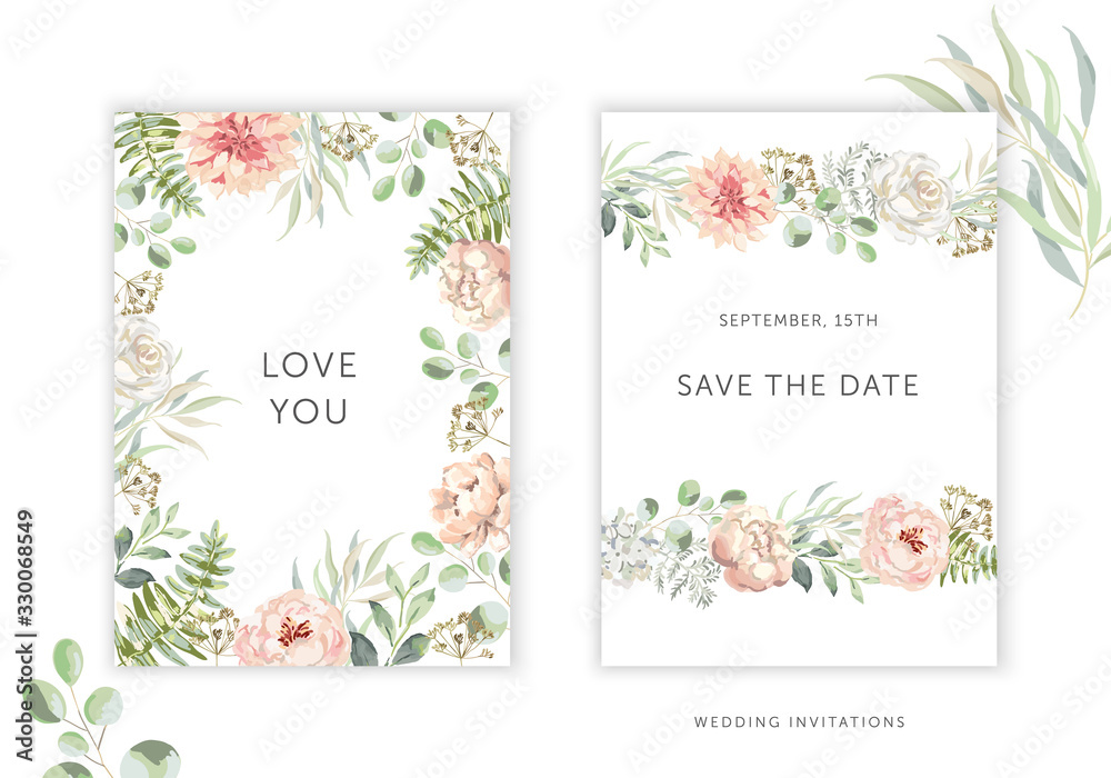 Wedding cards design. Blush pink peony, rose, dahlia flowers, green leaves, frames. Vector illustration. Romantic floral arrangements. Invitation template background