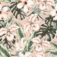Wandcirkels Orchidee patronen Jungle orchideeën op roze achtergrond  © ojardin