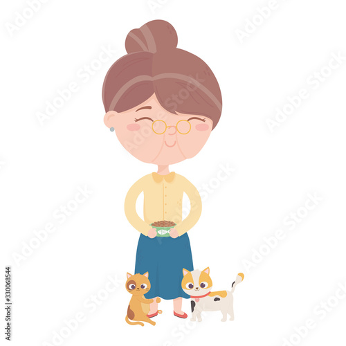cats make me happy, old woman with bowl food and kittens cartoon