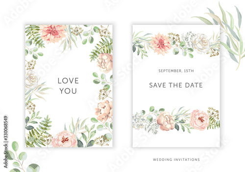 Wedding cards design. Blush pink peony  rose  dahlia flowers  green leaves  frames. Vector illustration. Romantic floral arrangements. Invitation template background