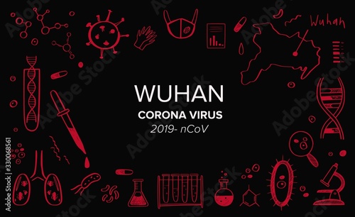 Wuhan Coronavirus 2019 vector hand drawn background, frame. Dangerous chinese ncov corona virus, different chemical research laboratory elements, bacteria, medical mask, blood test
