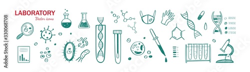 Medical Laboratory research vector hand drawn icons set. Different elements chemical test, dna, bacteria, virus, blood test etc.