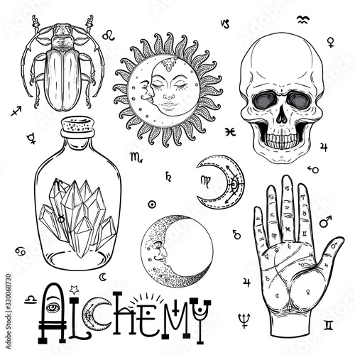 Alchemy symbol icon set. Spirituality, occultism, chemistry, magic tattoo concept. Vintage vector illustration collection with mystic and occult signs. Halloween, astrological elements.