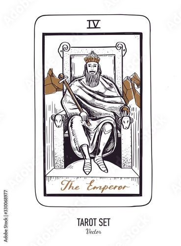 Vector hand drawn Tarot card deck. Major arcana the Emperor. Engraved vintage style. Occult, spiritual and alchemy symbolism