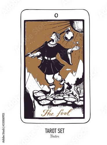 Vector hand drawn Tarot card deck. Major arcana The fool. Engraved vintage style. Occult and alchemy symbolism
