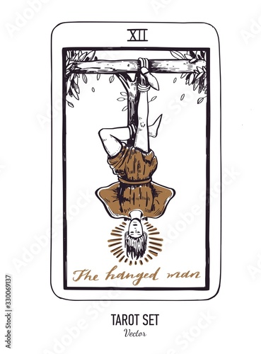 Vector hand drawn Tarot card deck. Major arcana the Hanged man. Engraved vintage style. Occult, spiritual and alchemy symbolism
