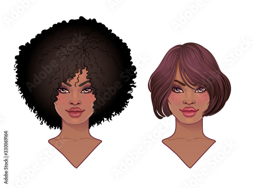 Two African American pretty girls. Vector Illustration of Black Woman with afro hairstyle and neck . Great for avatars.