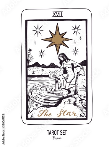 Vector hand drawn Tarot card deck. Major arcana The Star. Engraved vintage style. Occult, spiritual and alchemy