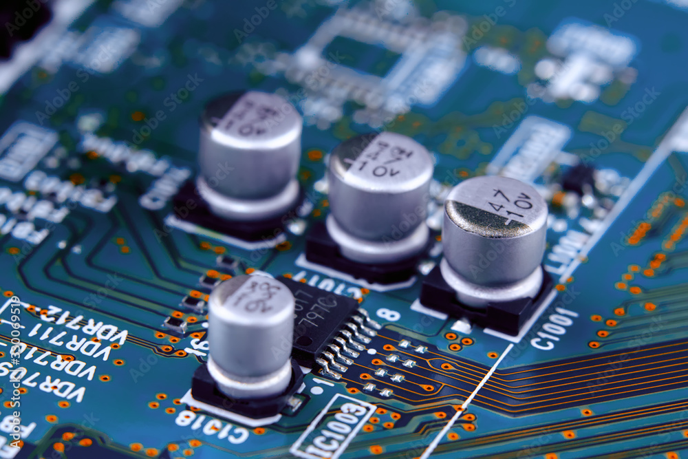 Electronic circuit board with electronic components such as chips close up. Electronic circuit board with electronic components such as chips close up.