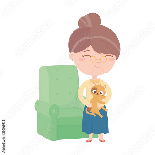 cats make me happy, old woman carrying little cat pet cartoon