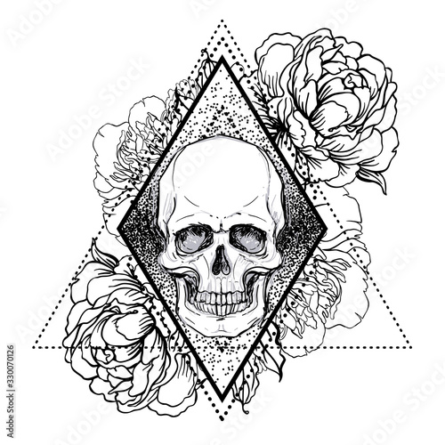Human skull with peony, rose and poppy flowers over sacred geometry background.Tattoo design element. Vector illustration.