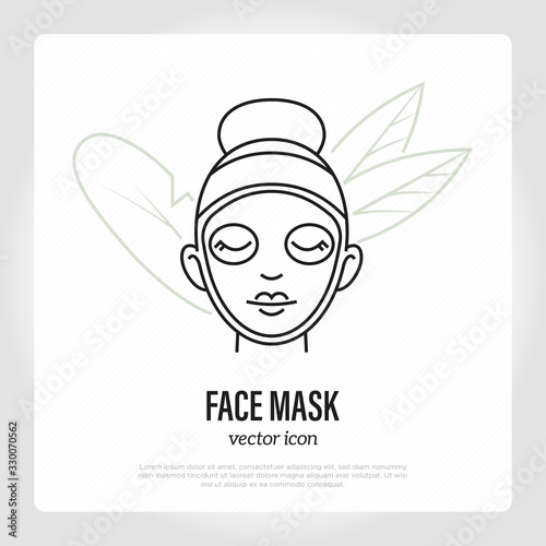 Face mask: girl with sheet mask on her face. Skin care treatment. Thin line icon. Vector illustration.