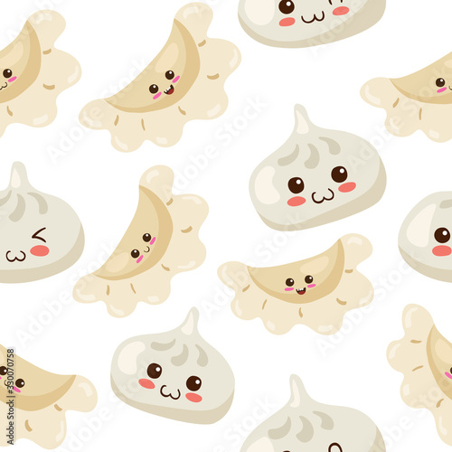 Seamless vector pattern with kawaii steamed buns   dumplings  Dim Sum  Khinkali . Cute food characters illustration for wrapping paper  postcard  textile  background texture  food hall decoration.