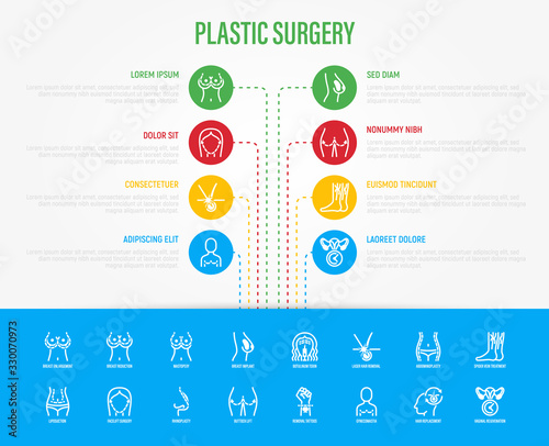 Plastic surgery infographics with thin line icons. Symbols of breast enlargement, reduction, implant, liposuction, facelift, rhinoplasty, buttock lift, hair replacement. Vector illustration.