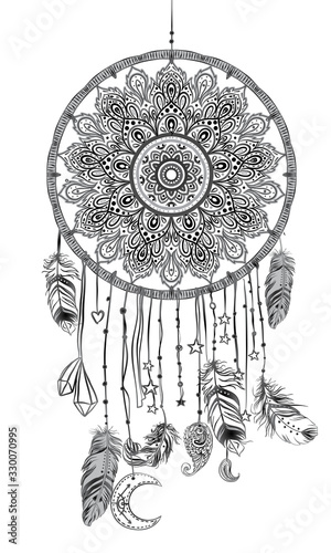 Hand drawn Native American Indian talisman dreamcatcher with feathers and moon. Vector hipster illustration isolated on white. Ethnic design, boho chic, tribal symbol. Coloring book for adults.