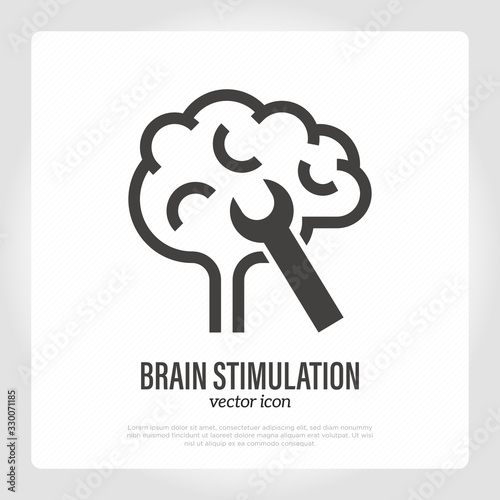 Brain stimulation, medication with Alzheimer's disease. Human brain with wrench. Thin line icon. Healthcare and medical vector illustration.