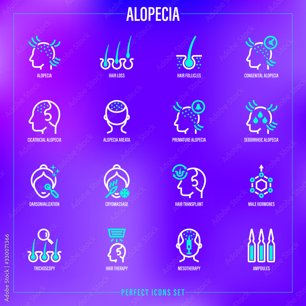 Alopecia and her types thin line icons set. Trichology, hair loss, hair