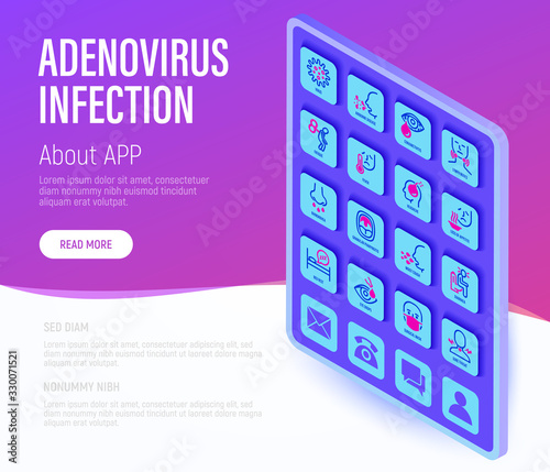 Adenovirus infection web page template with copy space. Buttons on tablet with thin line isometric icons. Airborne disease, lymph nodes, fever, surgical mask, sore throat. Vector illustration