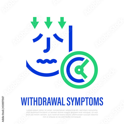 Withdrawal symptoms. Thin line icon. Alcohol abuse. Sad man with arrows down and timer. Healthcare and medical vector illustration.